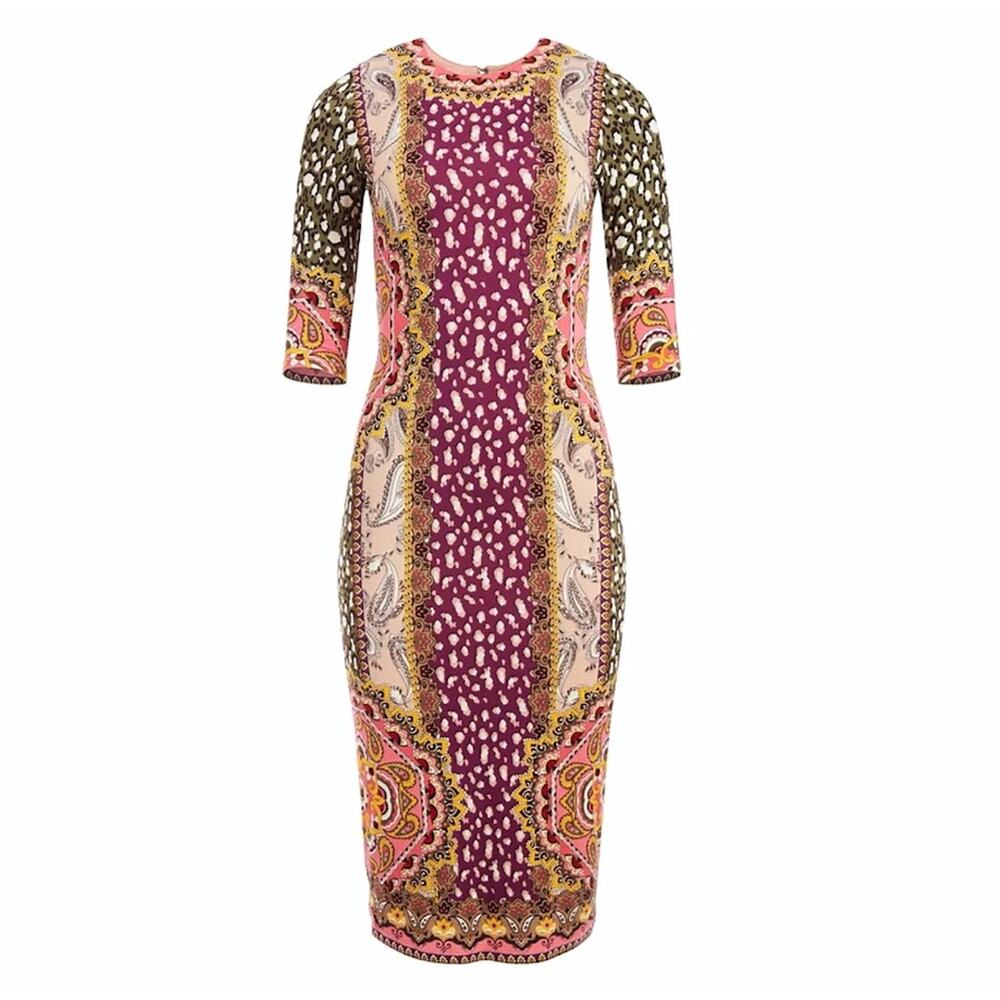 ALICE + OLIVIA Delora Fitted Crew Neck Dress Size 14 Paisley Leopard Print